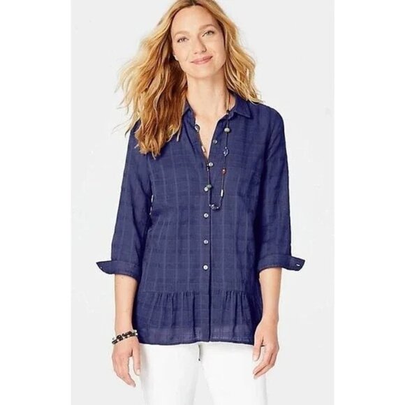 J JILL woman's blouse tunic sheer plaid ruffle hem size large cotton top blue - Picture 1 of 11